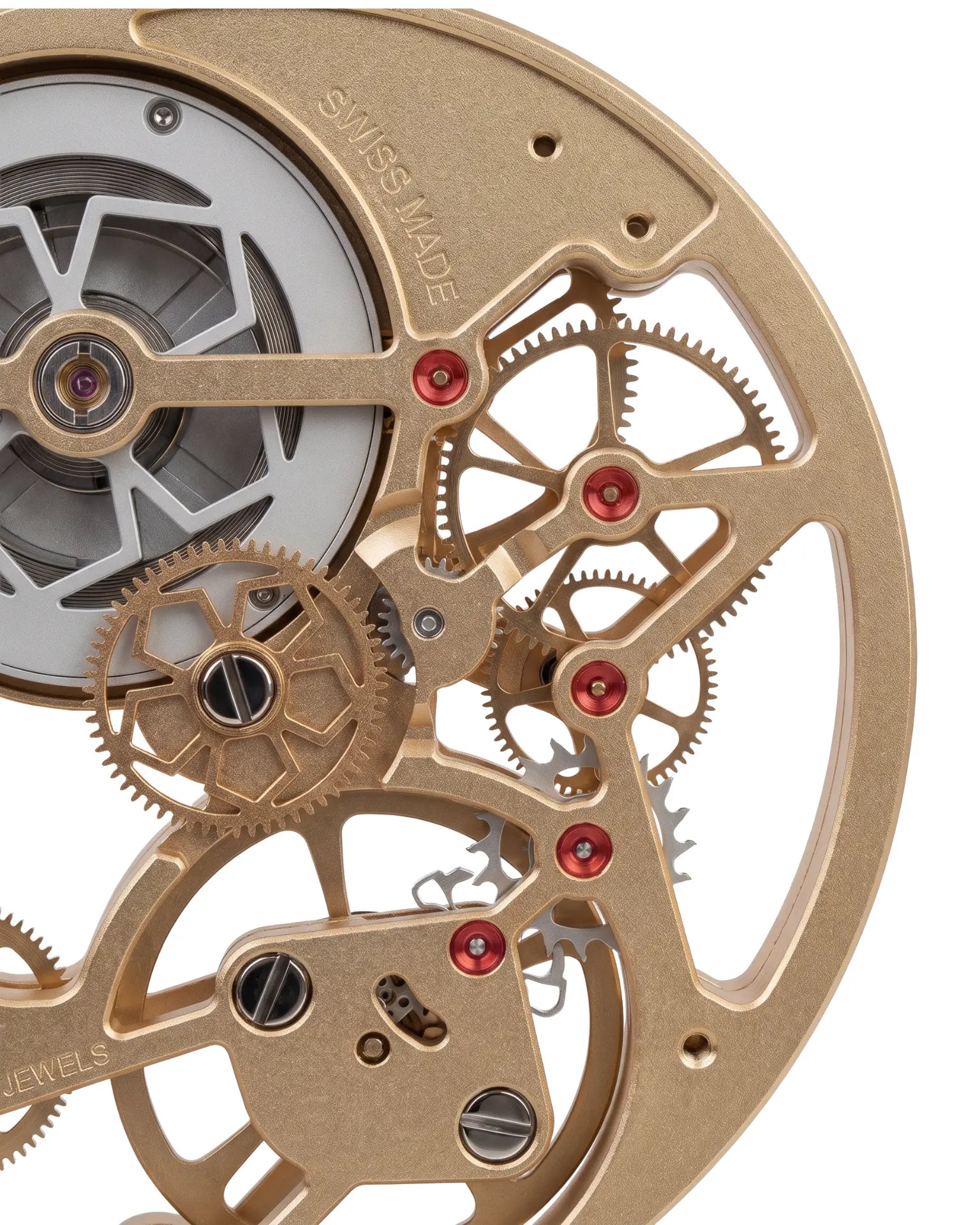 MECA TRADITION — Macro view of the champagne gear train and ruby bearings