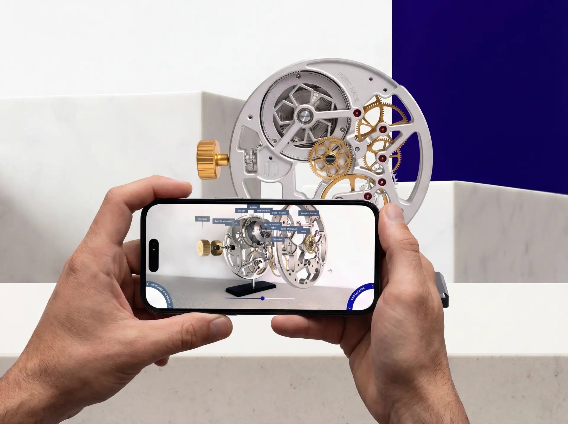 KERIS AR app showing an exploded movement in front of a MECA sculpture